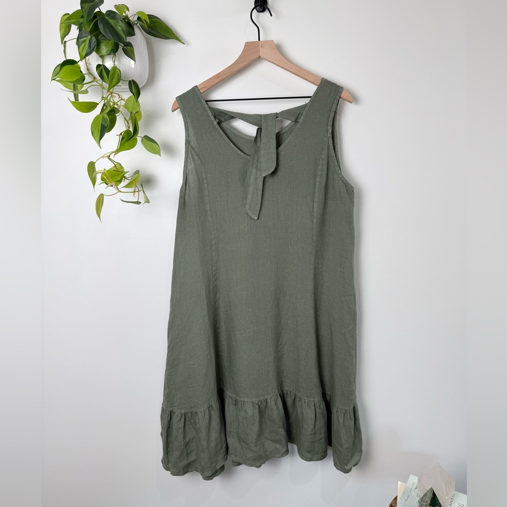 Terzo Millennio Linen Dress XL Green Made in Italy Sleeveless Tie Back Ruffle - Picture 2 of 9